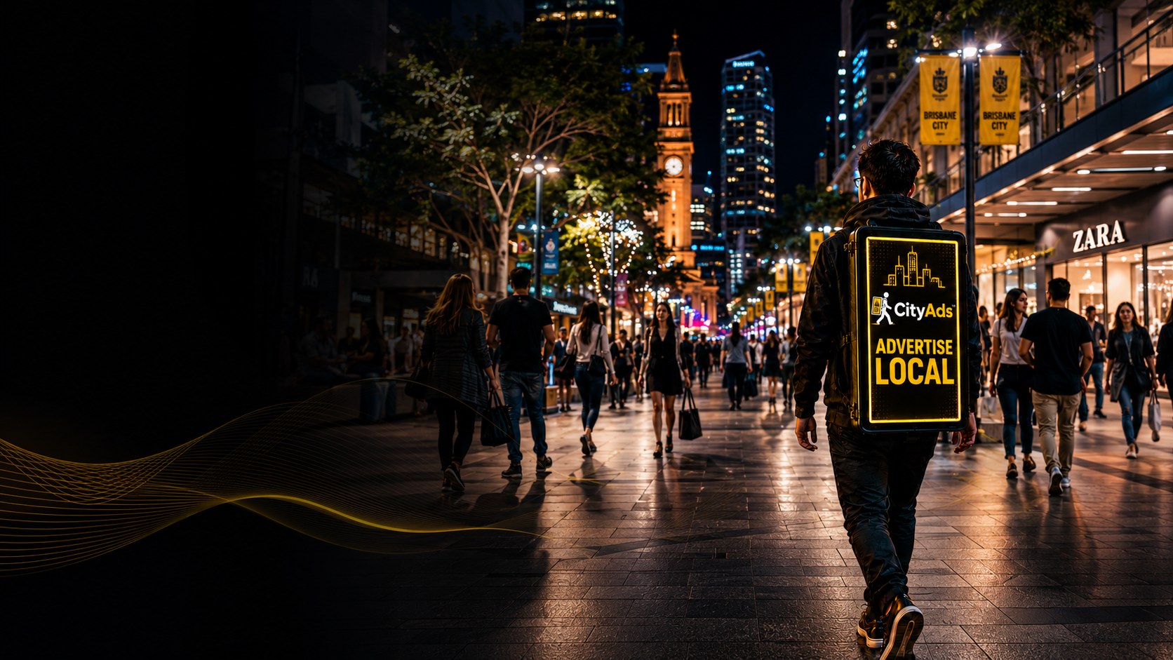 CityAds walking billboard reaching local customers in Brisbane city mall at night