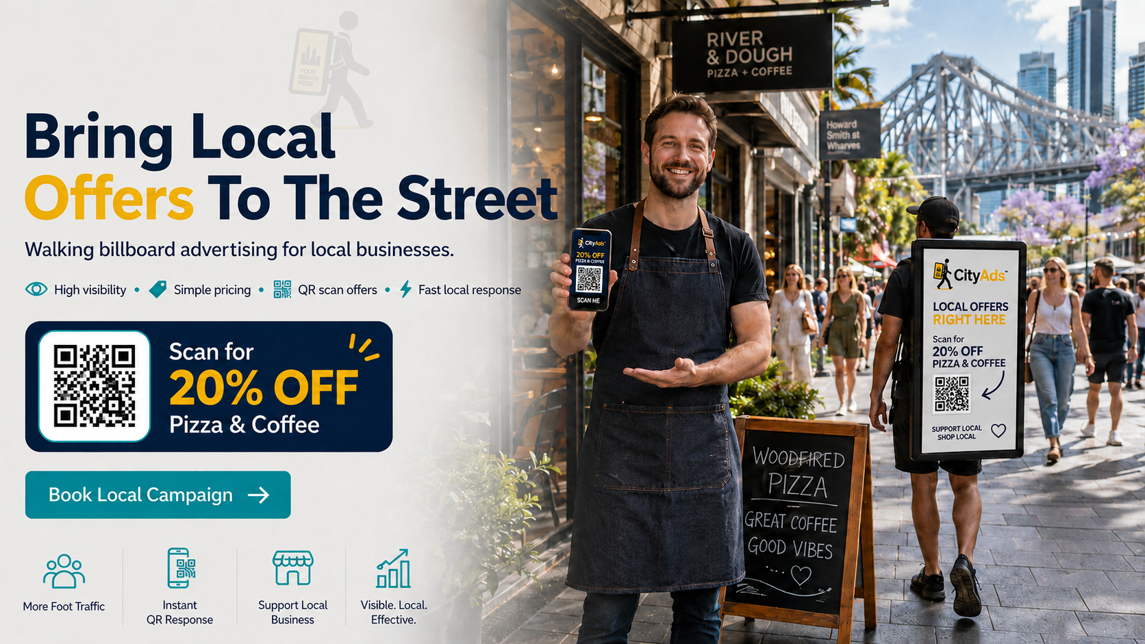 CityAds walking billboard advertising helping local businesses reach shoppers and pedestrians in Brisbane City