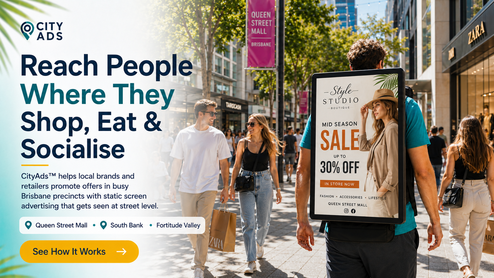 CityAds walking billboard advertising helping local businesses reach shoppers and pedestrians in Brisbane City