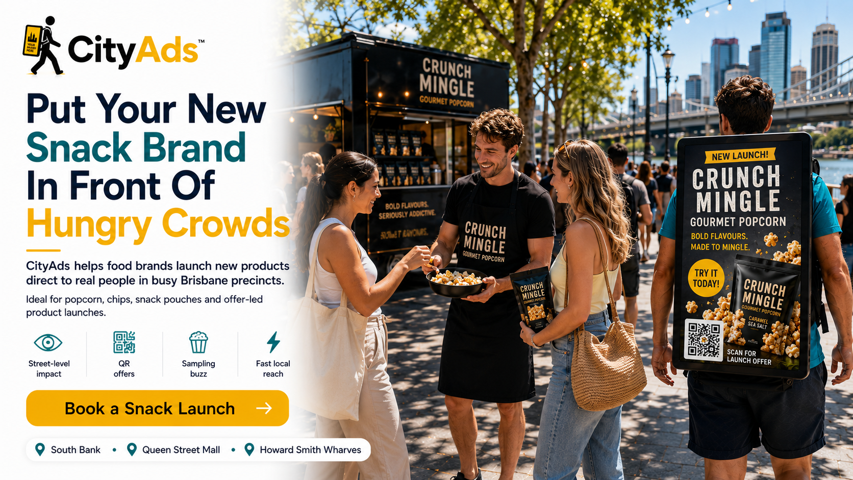 Cityads launch snak products brisbane, launch a new product brand brisbane, CityAds sell direct from the street walking billboard advertising campaign