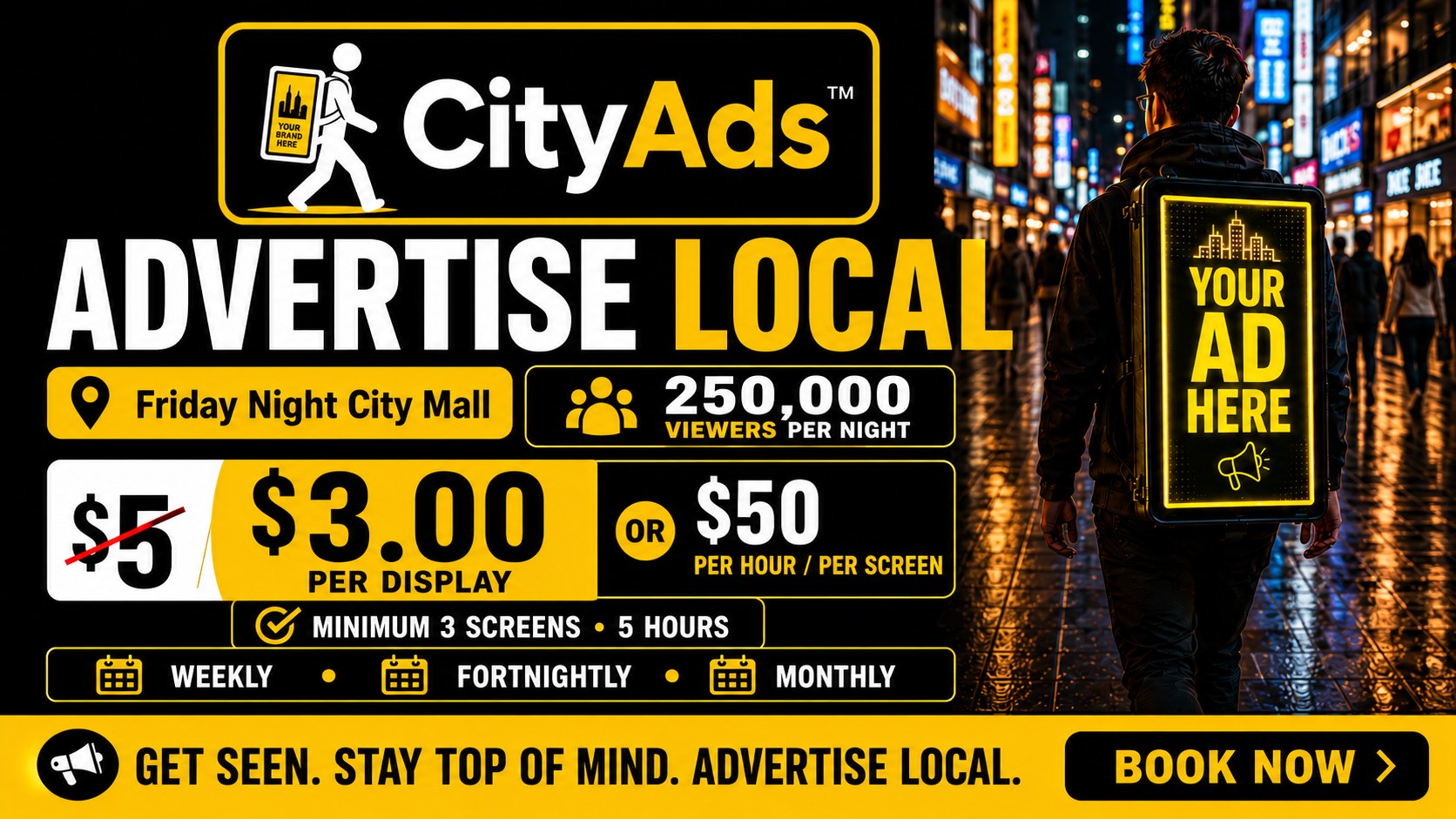 CityAds static 9 to 16 walking billboard artwork example with pricing offer