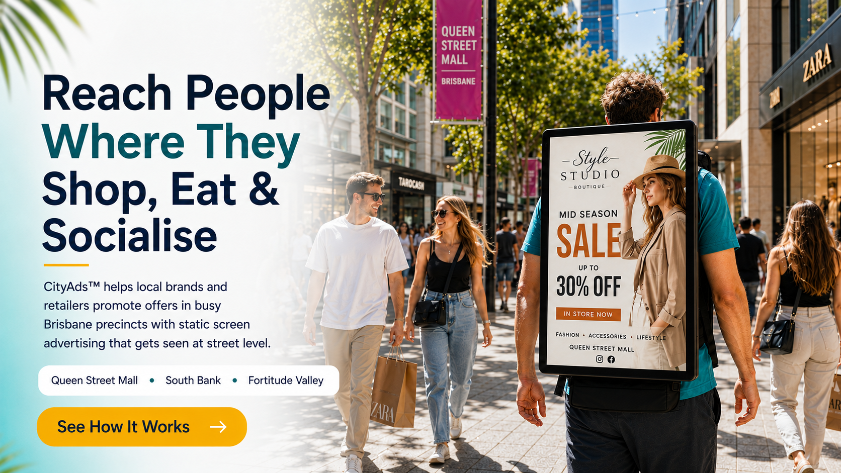 CityAds mobile street advertising screens promoting local businesses to city pedestrians